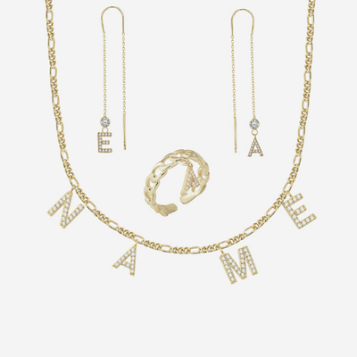 Buchstaben Halskette + Buchstaben Ohrringe + Buchstaben Ring - Kombi Set